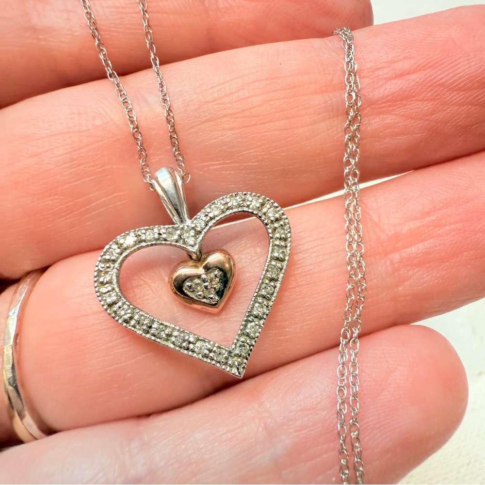 10K White Gold Diamond Double Heart Pendant 18" Cable Chain Rose Gold 1.8 grams
